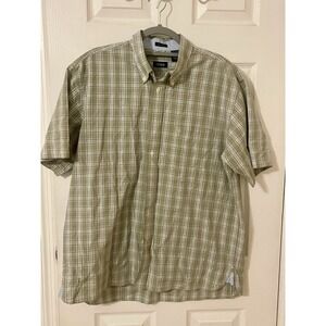 Men's IZOD Shirt SS Button Front Green Tan Plaid, Large